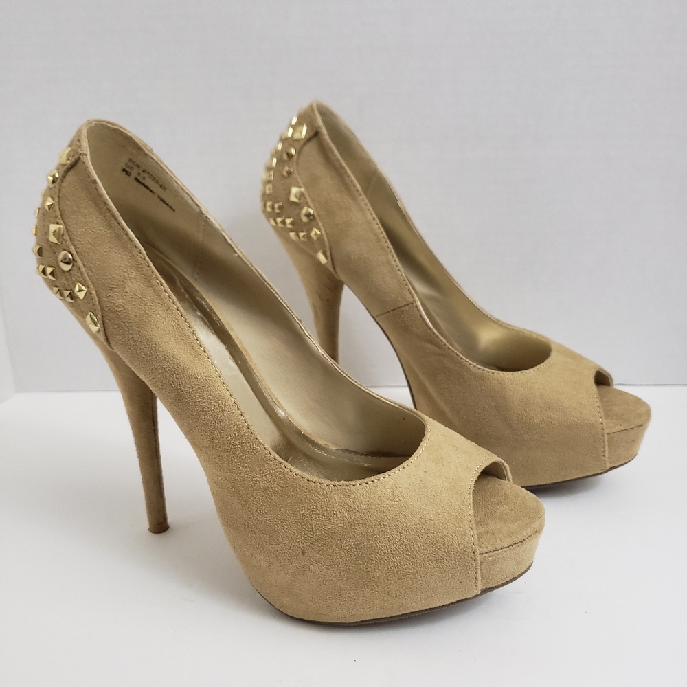 Size 8.5 Cathy by Cathy Jean Tan Open Toe Heels w/ Gold Studs